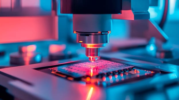 An advanced micro-scaling machine creating microchips. Precision and technology in high-tech manufacturing. AI generated