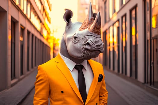 A rhinoceros in yellow suit and black tie, standing on empty street next to office buildings. AI generated