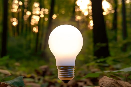 A glowing light bulb on a green forest background. Natural energy and environment concept. AI generated