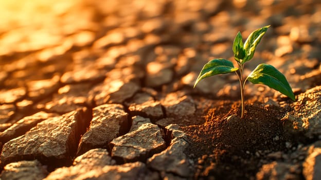 Plant in dried cracked mud. Invest in our planet. Ecology concept background. AI generated