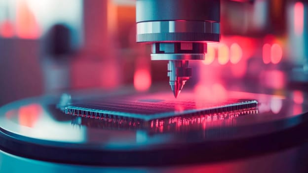 An advanced micro-scaling machine creating microchips. Precision and technology in high-tech manufacturing. AI generated