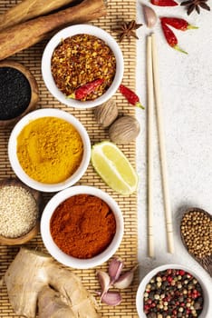 flat lay asian food spices mix chopsticks. High resolution photo