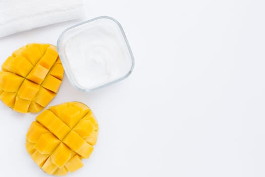 flat lay mango body butter with copy space. High resolution photo