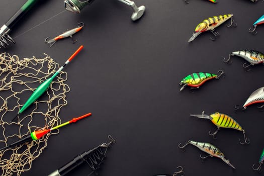 high angle colorful fishing bait with net. High resolution photo