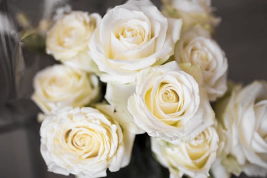 overhead view fresh white bouquet roses. High resolution photo