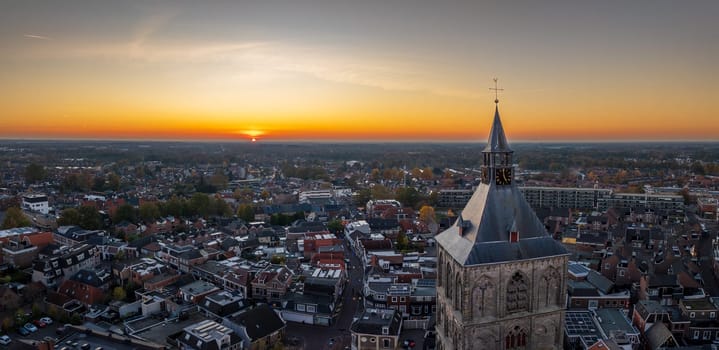 aerial evening view of the Plechelmus basilica in Oldenzaal, the Netherlands