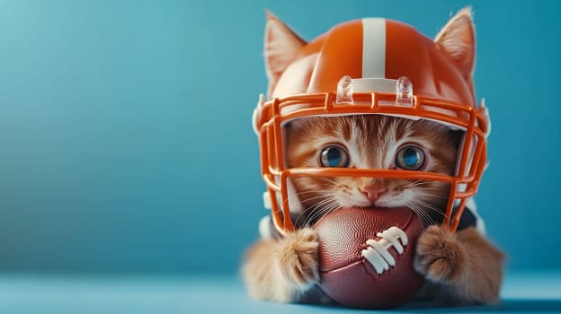A tiny kitten wearing a football helmet, clutching a football, ready to take on the game with determination.