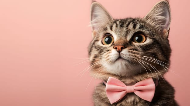 Adorable tabby cat wearing a pink bow tie against a pastel background, offering charming elegance.