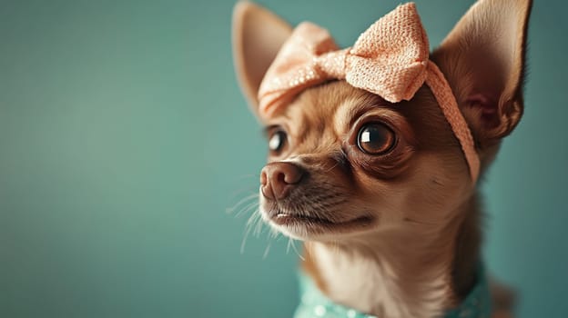 Cute Chihuahua dog adorned with a peach bow, set against a teal background, exuding elegance.