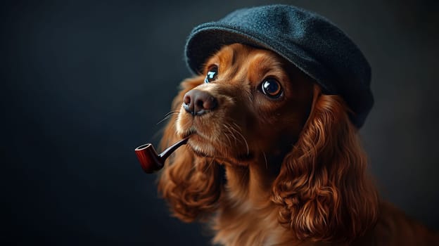 A sophisticated dog wearing a cap and pipe, portraying a vintage charm in a classic setting.