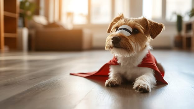 Adorable dog in a superhero cape lying on the floor, capturing a playful and heroic spirit.
