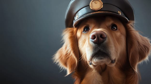 A golden retriever wearing an officer's cap, looking serious against a dark backdrop.