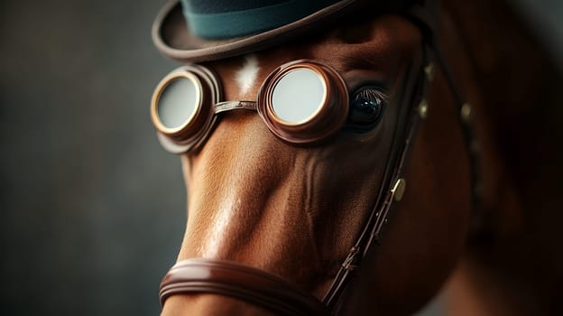 A horse wearing steampunk goggles and a top hat, exuding a sense of adventure and style.