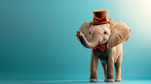 Elegant elephant wearing a top hat and bow tie on a teal background, showcasing grace and charm.