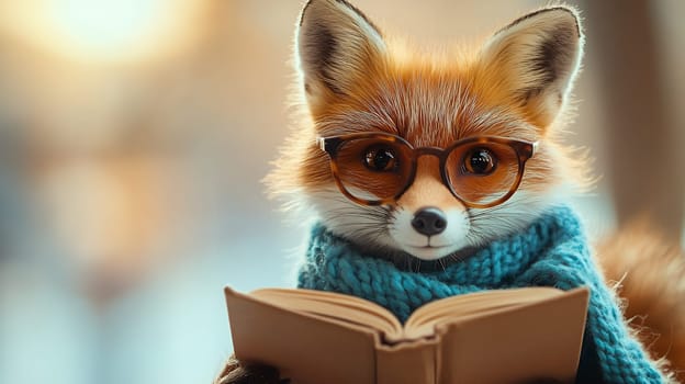Intellectual fox wearing glasses and holding a book, embodying wisdom and curiosity.