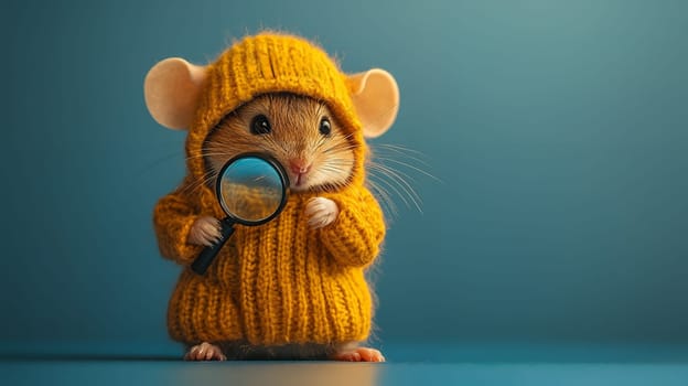 A cute mouse in a yellow sweater, holding a magnifying glass, embodying curiosity and adventure.