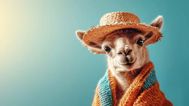 A charming llama wearing a straw hat and colorful scarf against a clear background, ready for a day out.