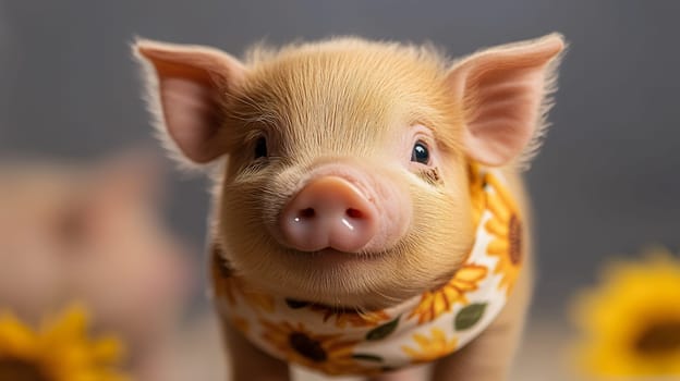 An adorable piglet wearing a sunflower patterned scarf, surrounded by cheerful sunflowers.