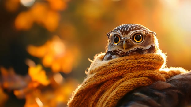 An owl with glasses and a cozy scarf, set in a beautiful autumn scene with warm colors.