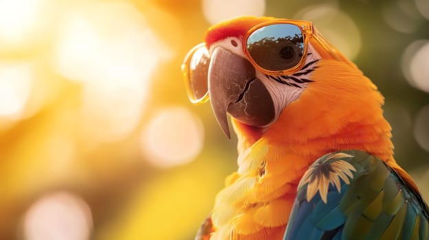 A vibrant parrot wearing sunglasses, basking in the warm sunlight, exuding a cool and relaxed vibe.