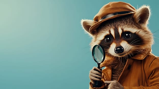 A raccoon dressed as a detective holds a magnifying glass, ready to solve mysteries with a curious expression.