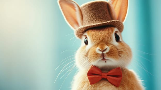 Charming rabbit wearing a vintage top hat and red bow tie against a blue background, exuding elegance and style.