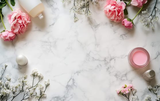 Beauty products and pink roses arranged on marble background, featuring skincare items and delicate flowers with copy space for text or design.
