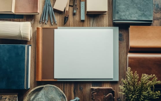 Creative workspace with blank canvas, art supplies, books, and plants on wooden surface, offering copy space for design or text overlay.