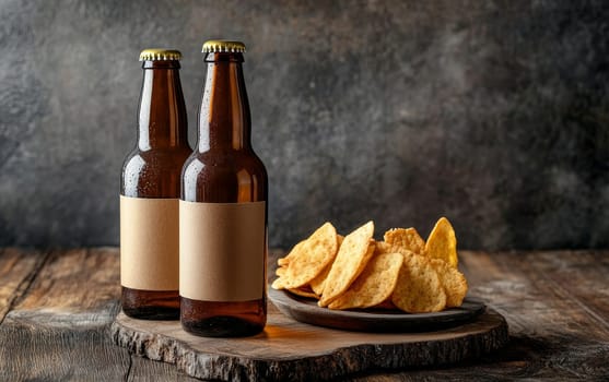 Two unlabeled beer bottles with condensation alongside a plate of tortilla chips on a rustic wooden surface, perfect for mockup designs.