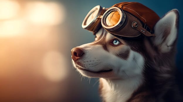 A husky dog wearing aviator goggles, looking towards the sunset with a dreamy expression.