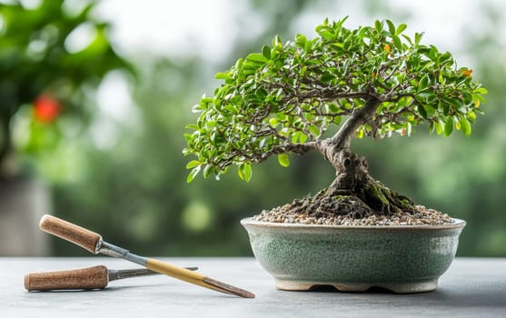 Miniature bonsai tree in a ceramic pot with pruning tools, symbolizing zen, patience, and the art of gardening, set against a blurred green background.