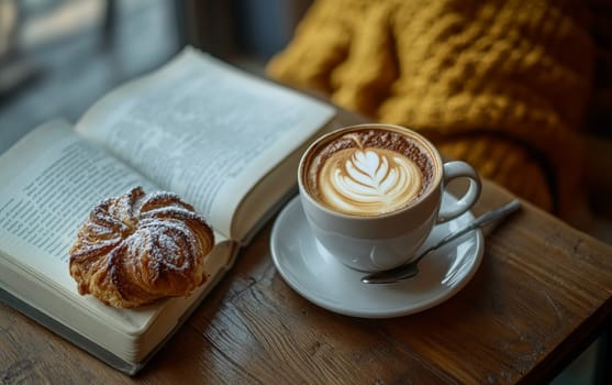Cappuccino with latte art and pastry on an open book, creating a warm and inviting atmosphere for relaxation and reading.