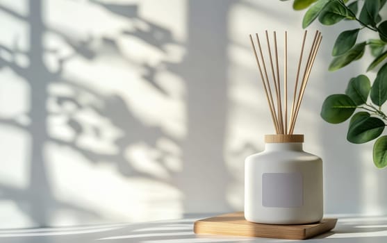 White ceramic reed diffuser with bamboo sticks on wooden stand, placed near green plant with sunlight and shadows, creating a serene atmosphere.