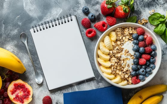 Nutritious breakfast bowl with yogurt, granola, berries, and banana, accompanied by a blank notepad and various fruits on a gray background.