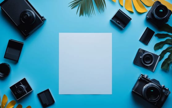 Various photography equipment arranged around blank white paper on blue background. Tropical leaves add a creative touch. Copy space for text.