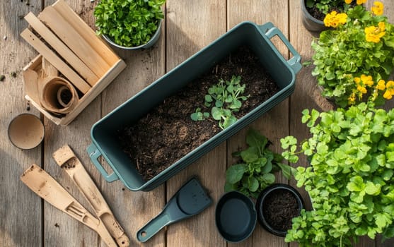 Gardening tools and potted plants on wooden table, showcasing home gardening essentials and spring planting preparations.