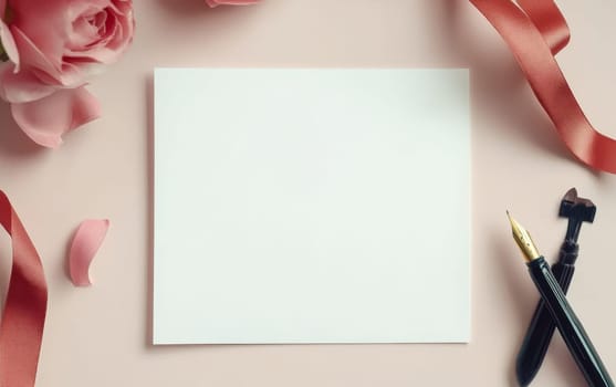 Elegant stationery setup with pink roses, red ribbon, and blank white card on beige background, perfect for wedding invitations or love letters.