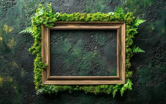 Empty wooden picture frame adorned with moss and ferns against a textured green wall, offering a unique natural design element.