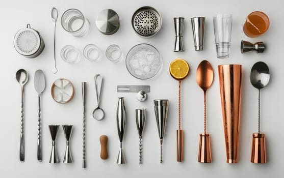 Comprehensive collection of bartending tools, shakers, and glassware arranged on white background, ideal for cocktail making and mixology.