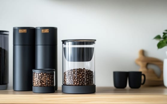 Sleek coffee brewing setup featuring black canisters, glass containers with coffee beans, and minimalist mugs on a wooden countertop.