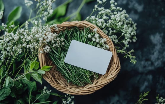 Blank business card nestled in wicker basket with fresh herbs and baby's breath flowers. Natural branding concept with copy space.