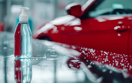 Close up of transparent cleaning spray bottle with red luxury car in background, showcasing automotive care and detailing concept.