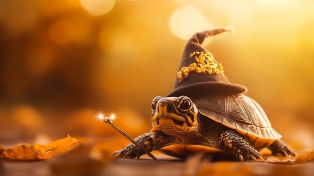 Enchanting turtle dressed as a wizard with a wand, set in a magical autumn scene filled with golden light.