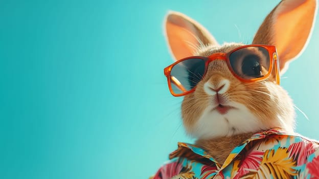 A stylish rabbit wearing sunglasses and a colorful shirt, embodying a fun and relaxed summer vibe.