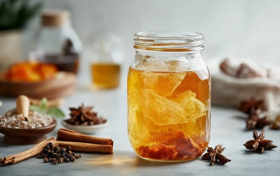 Mason jar filled with homemade citrus infused tea, surrounded by aromatic spices and fresh orange slices on rustic wooden surface, embodying natural beverage preparation.
