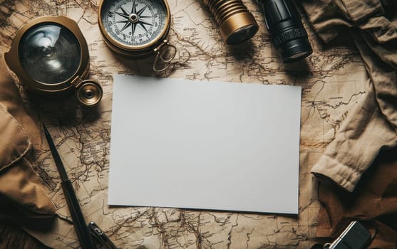 Old map with compass, magnifying glass, and exploration tools surrounding a blank white paper, ideal for travel planning or adventure concepts.