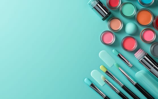 Diverse makeup products including eyeshadows, lipsticks, and brushes arranged on vibrant turquoise background with copy space, showcasing beauty industry trends.