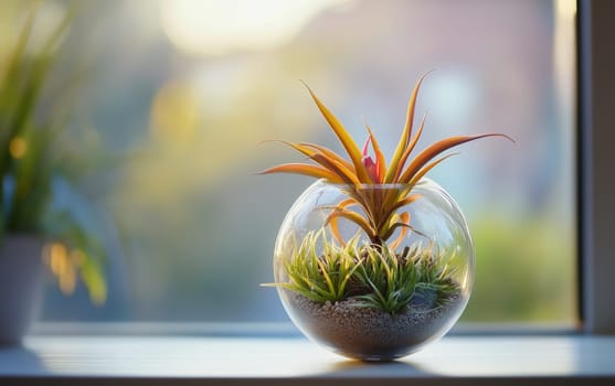 Miniature glass terrarium with vibrant air plant, moss, and pebbles on windowsill, bathed in soft natural light, creating a serene indoor garden atmosphere.