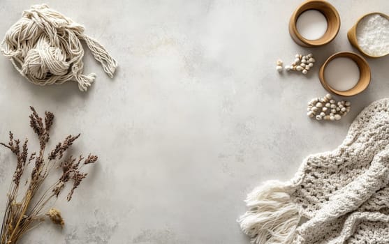flat lay of various natural crafting materials including yarn, dried flowers, wooden bowls, and textiles on a light background with ample copy space.