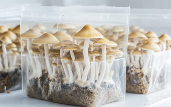 Fresh cultivated mushrooms growing in a clear plastic container, showcasing modern fungi farming techniques and controlled environment agriculture.